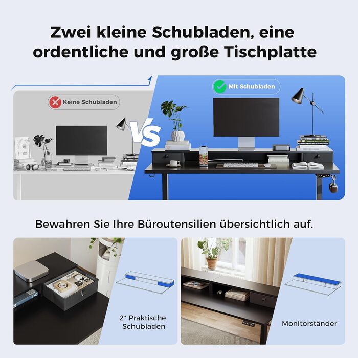 Стіл Agilestic з регульованою висотою та 2 шухлядами, 120 x 60 см Міцний стіл з електричним регулюванням висоти, ергономічний комп&39ютерний стіл для роботи сидячи та стоячи, чорний 120 x 60 см