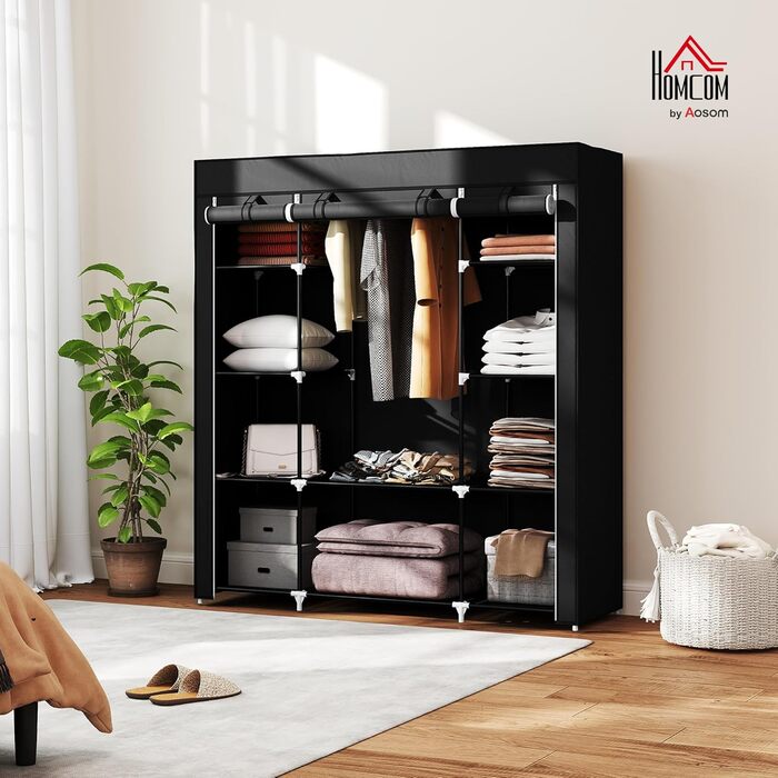 Тканинна шафа HOMCOM з 1 рейкою для одягу, 10 полицями та блискавкою, складна тканинна шафа для спальні, гардеробна, 150 x 43 x 162,5 см, чорна