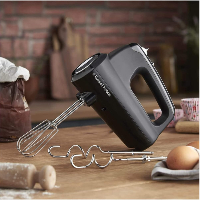 Ручний міксер Russell Hobbs Ручний міксер матовий чорний (5 швидкостей функція турбо, 2 віночки для миття посуду та гаки для тіста