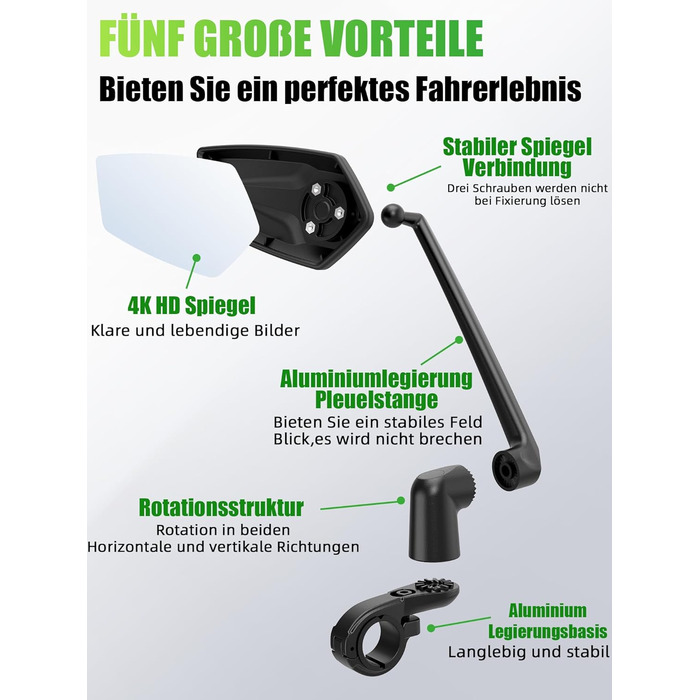 Велосипедне дзеркало RBRL Регульоване 3D для панорамного огляду Поворотне на 360 та складне Ударостійке дзеркало заднього виду з натурального скла Міцне компактне дзеркало на кермо для велосипедів та електровелосипедів (ліве)