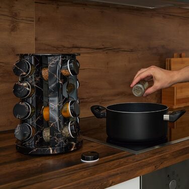 Карусель для спецій Relaxdays з 16 баночками для спецій, зі вставкою-шейкером, обертовий, багаторазовий блок для спецій, мармуровий вигляд, чорний