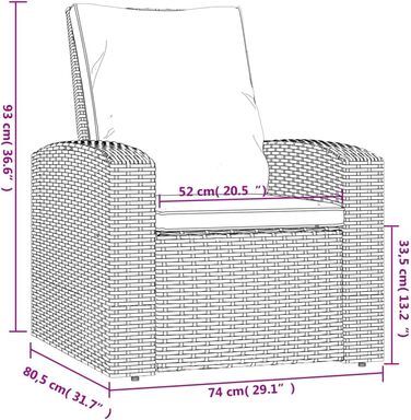Садове крісло регульоване, Крісло з подушкою 1 сидіння, 1 подушка для спинки, Стілець для садової тераси, Садові меблі Recliner, Сірий полі ротанг