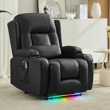 Крісло для телевізора з розкладним підйомником, масажне крісло з електрорегулюванням, функцією відкидання та підставкою для ніг, крісло для телевізора зі штучної шкіри з функцією підігріву, крісло для кінотеатру зі світлодіодним підсвічуванням/USB для віт
