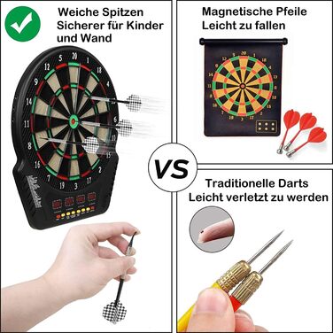 Електронна мішень для дартсу на 16 гравців, електронний дартс-машина з 4 РК-дисплеями, 6 дротиками та 24 головками для дротиків, 27 іграми з 243 ігровими опціями, професійна електронна гра в дартс, чорний колір