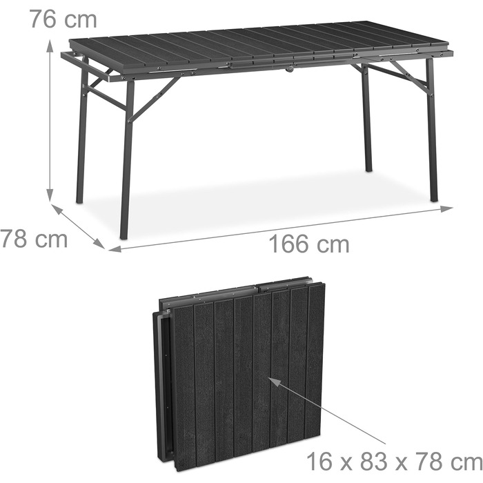 Розкладний садовий стіл Relaxdays, пластик, сталь, 8 місць, сірий Кемпінговий стіл, ширина 166 - 215 см, водонепроникний