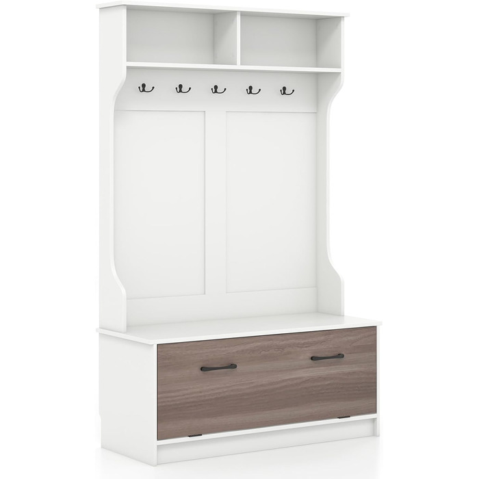 Вішалка для одягу COSTWAY з лавкою та 5 подвійними гачками, вішалка для одягу з відкритими відділеннями та тумбою для взуття, пере