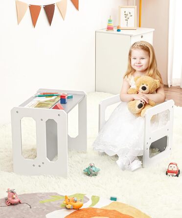 Комплект столу та стільців Yorbay для дітей, Дитячий стіл з 1 стільцем, Дитячий комплект сидіння 3 в 1 - Двосторонній стілець та дитяча лавка, що трансформується в робочу станцію, Дитячі меблі (Сірий, M) Сірий середній