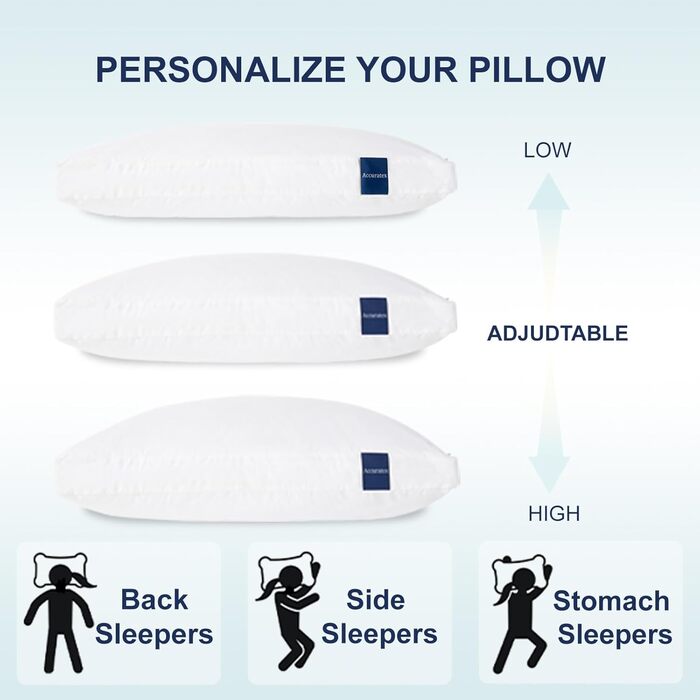 Подушка ACCURATEX Hybrid Crushed Memory Foam 40x80 см, 2 шт., подушки з наповнювачем з мікрофібри та знімним чохлом, регульована по висоті подушка для сну на боці, спині та животі, можна прати, біла, 4080 см