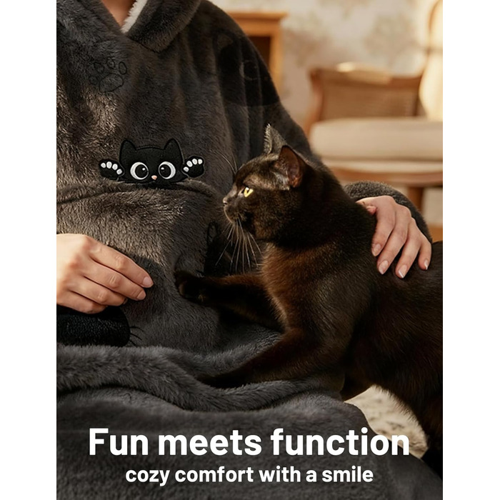 Ковдра Mewaii з рукавами, м&39яка фланелева ковдра з худі з шерпи для жінок та чоловіків, ідеально підходить для дому, подорожей та любителів домашніх тварин, світло-чорна