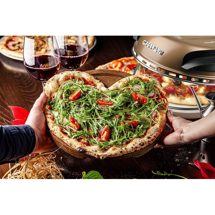 Піца Зовнішнє задоволення, Піч для піци, 1200 Вт, 400C, Скельна вогнетривка (діаметр 31 см), Таймер 5', Кулінарна книга в комплекті, Мідь, 3 Ferrari G10006