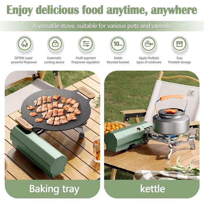 Складаний газовий пальник для кемпінгу, портативна плита з п'єзопідпалом та алюмінієвим вітрозахистом для туризму, походів та пікніків (без газових балонів)