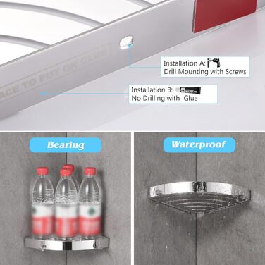 Полиця для душу DUFU Кутова полиця, полиця для душу без свердління Полиця для ванної кімнати з нержавіючої сталі SUS304, самоклеючий кошик для душу, кутовий органайзер для ванної кімнати, тримач для шампуню з 4 гачками для душу (срібло-2 шт.)