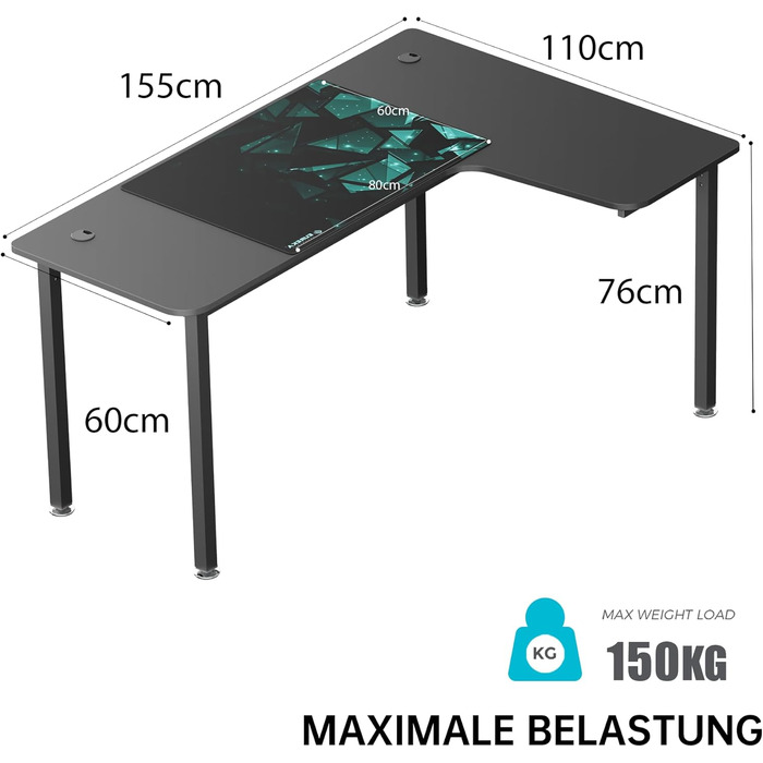 Ергономічний кутовий стіл EUREKA, 155x110 см, ігровий стіл, L-подібний комп&39ютерний стіл для студії та домашнього офісу