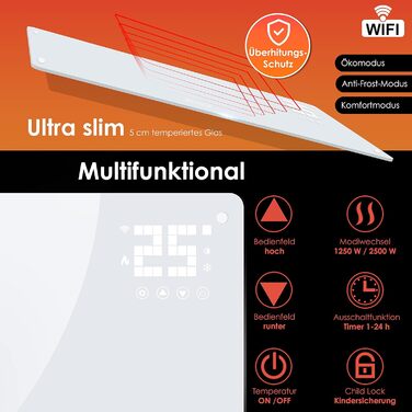 Скляний конвекторний обігрівач KESSER, електричний радіатор із застосунком, функцією Wi-Fi та пультом дистанційного керування Окремостоячий або настінний Сенсорний екран РК-дисплей Таймер 2500 Вт Білий