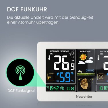 Радіостанція Newentor із зовнішнім датчиком - бездротова метеостанція з прогнозом погоди, попередженням про температуру, радіокерованим годинником DCF - робота від батареї та роботи від мережі, (1*станція 3*зовнішній датчик, білий)