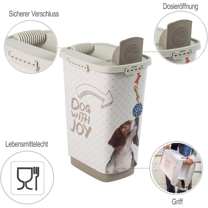 Контейнер для корму Rotho MyPet Cody 25л з кришкою та дозатором, пластик (PP) без BPA, антрацит/білий, 25л (33.0 x 25.0 x 46.3 см), дизайн з собачками