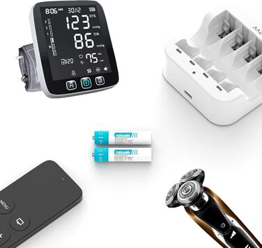 Акумуляторні літієві батарейки AAA 1,5 В - 4 батарейки високої ємності 1100 мВтгод з РК-дисплеєм, надшвидка зарядка 2 години - тривалий термін служби 10 років, 1300 циклів зарядки для іграшок, бритв тощо - в комплекті 4 батарейки зарядний пристрій з білим