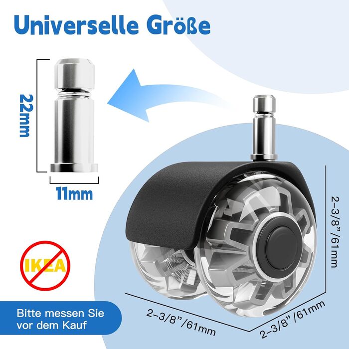 Коліщатка для офісних стільців (1000 кг) - 122 мм, плавно котячі та тихі ролики для твердої підлоги, стілець для ігрових стільців, підходить для будь-якої підлоги, без подряпин (комплект з 5 шт.) сірого кольору 11 мм