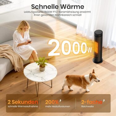 Енергозберігаючий вентилятор-обігрівач, керамічний вентилятор-обігрівач PTC потужністю 2000 Вт, тиха робота 36 дБ, термостат, коливання 70, таймер 12 годин, захист від перегріву та перекидання, електричний обігрівач для використання в приміщенні, 60 см, ч