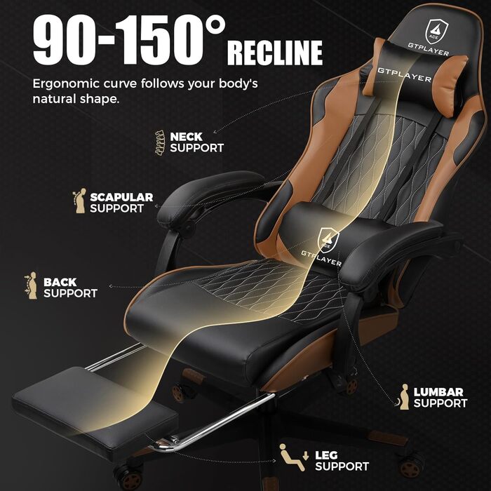 Ігрове крісло LUCKRACER, ергономічне офісне крісло з підставкою для ніг, регульованим поперековим відділом хребта та підголівником, м&39яке ігрове крісло, вантажопідйомність 150 кг, коричневий колір