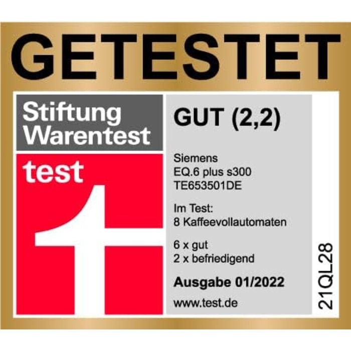 Повністю автоматична кавоварка Siemens EQ.6 plus s300 TE653501DE, для багатьох кавових делікатесів, насадка для спінювання молока, керамічна кавомолка, функція подвійної чашки, захист від вапняного нальоту, автоматичне очищення парою, 1500 Вт, срібло
