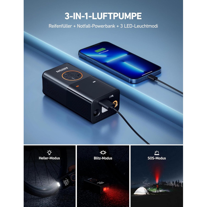 Бездротовий електричний повітряний насос AstroAI, портативний акумуляторний велосипедний насос з усіма клапанами, світлодіодне світло, акумуляторний насос для шин для велосипедів, електровелосипедів, автомобілів, мотоциклів, м&39ячів, чорний