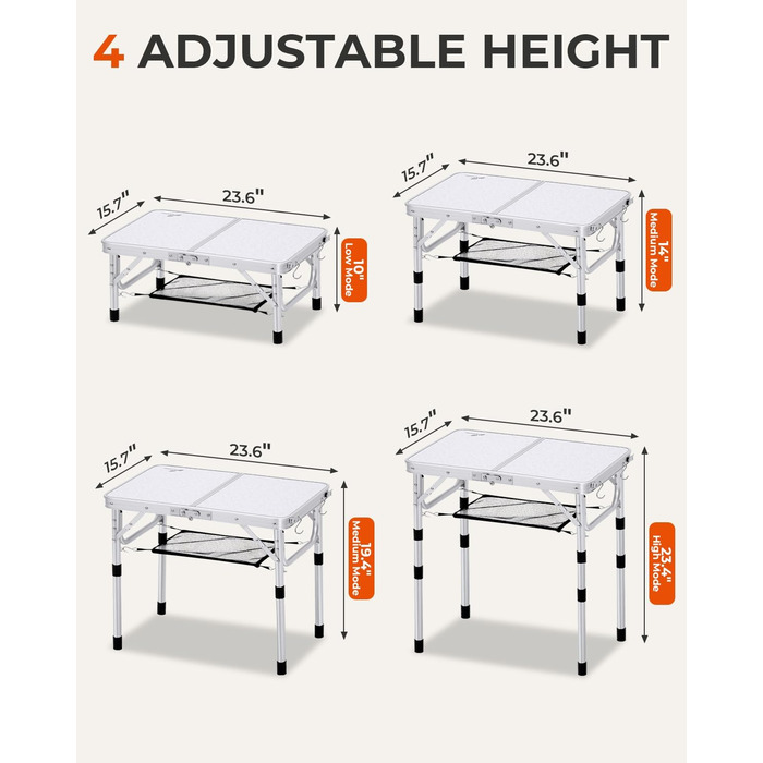 Складаний кемпінговий стіл Sportneer, регульована висота, маленький складний стіл, портативні кемпінгові столи (60 см Д x 40 см Ш (4 рівні висоти)) із сітчастим шаром для використання на вулиці, білий 60*40 см (4 рівні висоти)