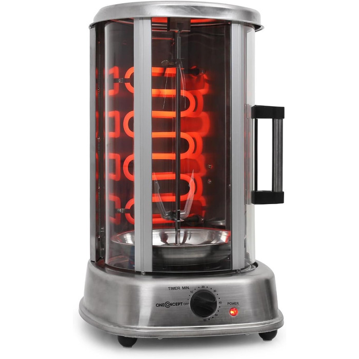 Гриль для шашлику oneConcept Kebap Master, Гіросгриль зі скляними розсувними дверима, закритий, шампур для шашлику, нержавіюча сталь, вертикальний гриль, розсувні двері, срібло