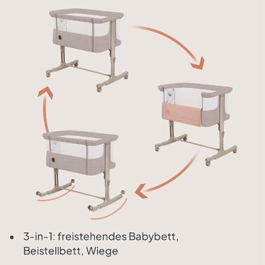 Дитяче ліжечко Lionelo Aurora 3-в-1 (до 9 кг), приліжкове ліжечко, колиска, регулювання висоти та нахилу матраца, 4 колеса з гальмами, ергономічний матрац, сумка, бежевий капучино, великий розмір
