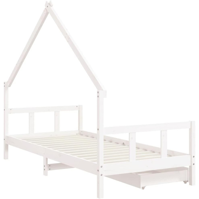 Дитяче ліжко з шухлядами білого кольору, 90x200 см, виготовлене з масиву сосни, з рейковою основою та дизайном у формі будиночка для зберігання та ігор, 205,5 x 95,5 x 163,5 см, біле