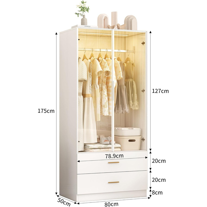 Шафа для спальні зі світлодіодним освітленням, шафа зі скляними дверима, вішалки для одягу та шухляд (Біла Ш, 50x80x175 см) Біла Ш 50x80x175 см