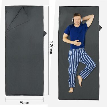 Бавовняний спальний мішок MYCARBON 2-в-1, 95x220 см, надлегкий спальний мішок із захисним чохлом на блискавці, ідеально підходить для походів, подорожей, кемпінгу, активного відпочинку, хостелів, гірських хатин, сірий