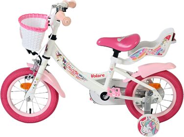 Дитячий велосипед Volare білий з сидінням-єдинорогом та рожевими ручками Ножне та ручне гальмо З додатковими колесами Комфорт та безпека Вік 35 років Легкий у збиранні Ідея для подарунка