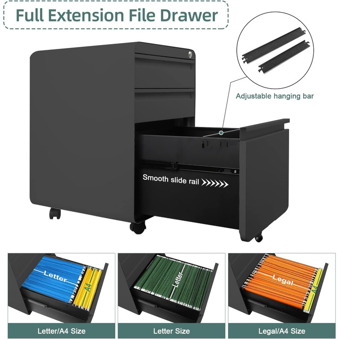 Металевий контейнер на колесах Dripex, сталевий контейнер на колесах з 3 шухлядами та підвісною системою для документів, офісна шафа, що замикається, офісний контейнер, 5 коліс, шафа для документів, 40 x 45 x 60 см, чорний, 40 x 45 x 60 см