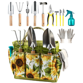 Набір садових інструментів MOSFiATA Gartenwerkzeug 12 предметів, міцна нержавіюча сталь, дерев'яні ручки з антиковзким покриттям та водонепроникна сумка для транспортування