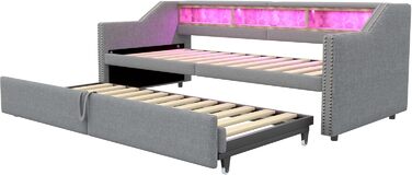 М&39яке ліжко, розкладне ліжко 90/180x200, кушетка/диван-ліжко зі світлодіодним підсвічуванням, USB-портом та відділенням для зберігання речей, односпальне/двоспальне ліжко, функціональний каркас ліжка з рейковою основою, лляне, без матраца, світло-сірий 