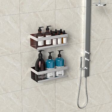 Полиця для душу без свердління, 2 шт., нержавіюча сталь SUS304, органайзер для ванної кімнати, тримач для шампуню та гелю для душу (сріблястий, 2 шт.)