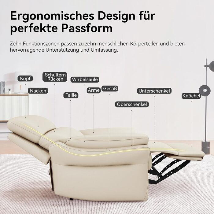 Крісло для відпочинку AIRSKY, крісло для телевізора зі справжньої шкіри з функцією відкидання, крісло для кінотеатру, крісло для сну, крісло для літніх людей, крісло для телевізора з функцією сну, крісло з ручним регулюванням для вітальні та спальні, беже