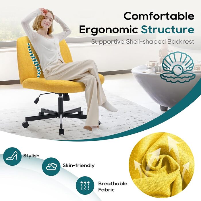 Широке офісне крісло COLAMY, м&39яке офісне крісло без підлокітників, поворотне крісло для домашнього офісу, функція гойдання 115, ергономічне комп&39ютерне крісло для домашнього офісу, для макіяжу, ігор (з колесами, жовтий) Жовтий з колесами