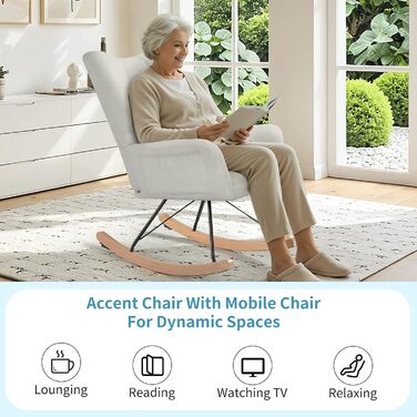 Крісло-гойдалка Clevich для вітальні, крісло-гойдалка з оббивкою з плюшевого тканини, дерев&39яними полозками та металевими ніжками, для вітальні, дитячої кімнати, спальні, вантажопідйомність до 136 кг, білий колір