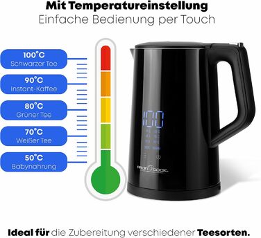 Чайник ProfiCook з налаштуванням температури 1,7 л Вибір температури 50-100C Відображення цільової та фактичної температури Функція збереження тепла Не містить бісфенолу А Чайник з регулюванням температури ПК WKS 1243