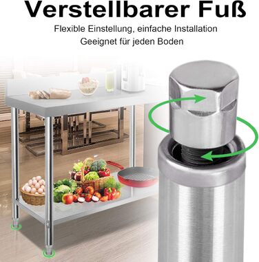 Робочий стіл з нержавіючої сталі UISEBRT з підніжкою, Кухонний стіл з нержавіючої сталі з регульованими ніжками, Кухонний стіл/розбірний стіл з дуже великою нижньою полицею, 150 x 50 x 85 см, з підніжкою