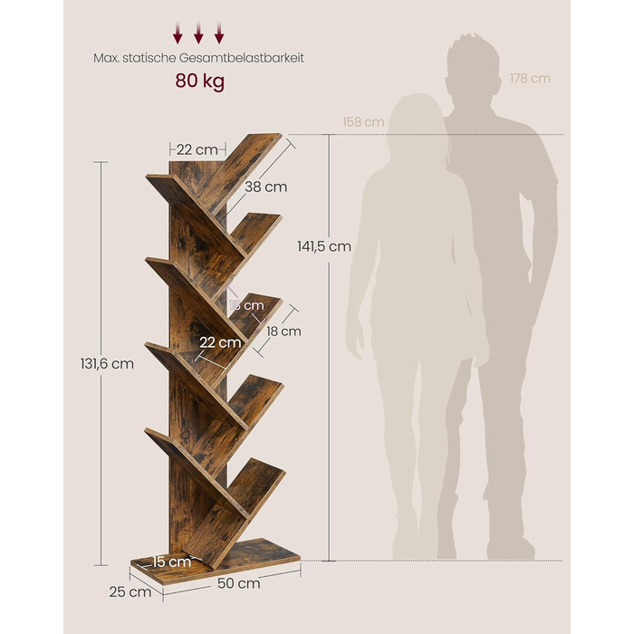 Книжкова полиця VASAGLE у формі дерева, 9-ярусна окремостояча полиця, компактна кутова полиця, полиця для зберігання речей у спальні, вітальні, домашньому офісі, вінтажний коричневий колір LBC11BX 9 ярусів (25 Г x 50 Ш x 141,5 В см) вінтажний коричневий к