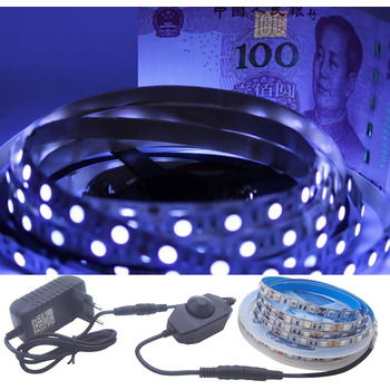 УФ світлодіодна стрічка Blacklight Strip з можливістю затемнення, стрічкова стрічка SMD 5050 60led/m світлова струнна стрічка з блоком живлення для декору Carnival Bar Disco Party, комплект 5M IP20 5050