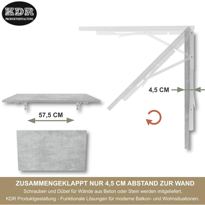 Настінний розкладний стіл KDR 80x50 см, під бетон Складаний стіл для настінного монтажу як обідній стіл, письмовий стіл, кухонний стіл або робоча зона Компактний та універсальний, сірий