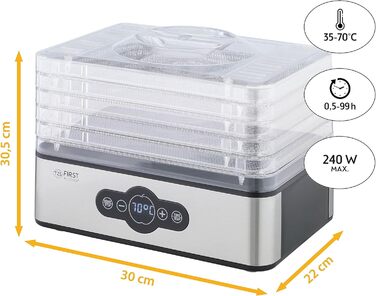 Дегідратор TZS First Austria Дегідратор для фруктів, трав, грибів і м'яса цифровий з таймером і регулятором температури 35-70C 5 полиць, полиці з нержавіючої сталі, дегідратор з таймером Полиці з нержавіючої сталі 5 поверхів