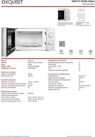 Мікрохвильова піч Exquisit MW717-070G срібло Мікрохвильова піч з грилем Гриль 900 Вт Поворотний стіл 245 мм Ø Місце для приготування їжі 20 літрів Лаковані 5 рівнів потужності Програма розморожування Таймер Мікрохвильова піч Гриль Срібло