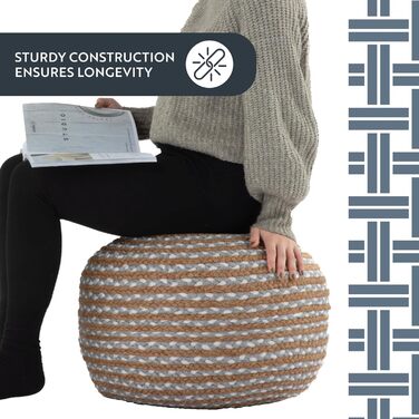 Круглий пуф-отоманка, пуф для ніг, джутовий пуф, табурет, подушка сидіння, декор для дому в стилі бохо, додатковий пуф-сидіння для вітальні, спальні, приміщень, колір Arctic Circle 55 x 55 x 30 см, колір Natural Ice Blue