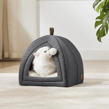 Котяче ліжко BEDSURE для великих котів, котяча печера - 40x40x40 см для приміщень зі знімною подушкою для котів шерпа та підвісною іграшкою, котяче ліжко, яке можна прати, темно-сіре