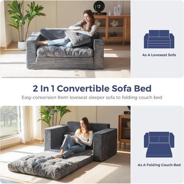 Розкладний диван-ліжко MAXYOYO, ширина 140 см з подушками, 2-в-1 розкладний вельветовий диван, 2-місний з функцією сну, спальна зона 10196 см для вітальні, спальні, кімнати відпочинку, темно-сірий, 140 см